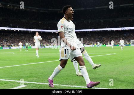 Madrid, Espagne. 10 février 2024. Stade Santiago Bernabeu MADRID, ESPAGNE - 10 FÉVRIER : Rodrygo Goes du Real Madrid célèbre un but lors du match de la Liga 2023/24 entre le Real Madrid et Gérone au stade Santiago Bernabeu. (Photo de Guillermo Martinez) GM (Guillermo Martinez/SPP) crédit : SPP Sport Press photo. /Alamy Live News Banque D'Images