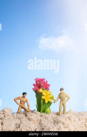 Jardinier de personnes miniatures travaillant sur des plantes de cactus Banque D'Images