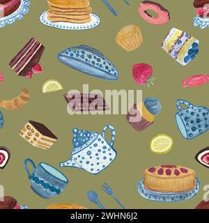 Aquarelle Tea Time desserts motif multidirectionnel sans couture sur fond d'olive Banque D'Images