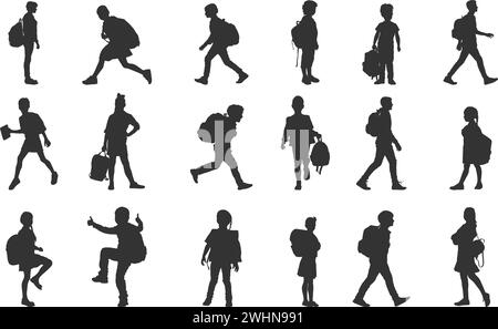 Groupe d'enfants portant des sacs d'école allant à la silhouette de l'école, enfants avec des silhouettes noires de sac d'école, enfant portant des silhouettes de sac d'école Illustration de Vecteur