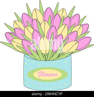 Bouquet de tulipes dans une boîte circulaire dans des nuances mignonnes à la mode. Éléments de conception pour autocollants ou salutations. Isoler. EPS. Vecteur pour cartes, affiches, bannière, brochures, panneaux d'affichage, promo ou web, étiquette ou tags Illustration de Vecteur