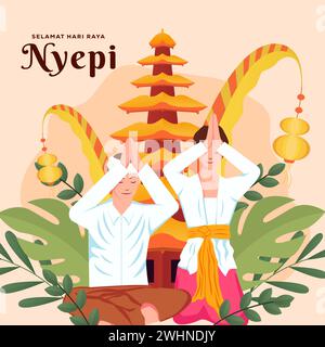 Illustration du jour de silence de Nyepi Bali avec deux personnes priant Illustration de Vecteur