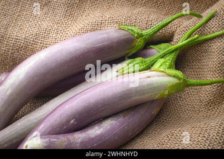 Gros plan d'aubergines sur toile de jute. Banque D'Images