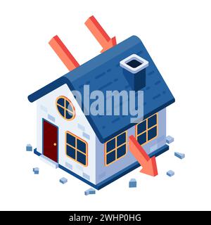 Flat 3d Isomtric Falling Arrow Piercing à travers la maison. Concept de crise d'investissement immobilier. Illustration de Vecteur
