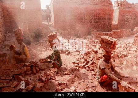 Narayanganj, Bangladesh. 10 février 2024. Des hommes bangladais travaillent dans un champ de briques à Narayanganj, Bangladesh, 10 février 2024. L'émission d'une énorme quantité d'éléments toxiques provenant des fours à briques entraîne de graves risques pour la santé des travailleurs et des personnes vivant dans les zones environnantes, la plupart souffrant de problèmes respiratoires ou cutanés. Les travailleurs dans ce domaine de la brique gagnent moins de 5 $ par jour. Photo de Suvra Kanti Das/ABACAPRESS.COM crédit : Abaca Press/Alamy Live News Banque D'Images