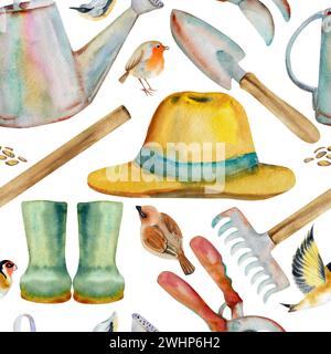 Illustration d'aquarelle dessinée à la main outils de jardinage de printemps, arrosoir de pelle de râteau, bottes en caoutchouc de chapeau, oiseaux. Motif sans couture isolé sur blanc Banque D'Images