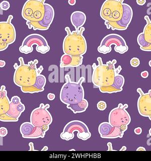 Modèle sans couture avec des autocollants amusants personnages d'escargot mignon sur fond violet. Insectes Kawaii avec ballon, fleurs et arcs-en-ciel. Illustration vectorielle Illustration de Vecteur
