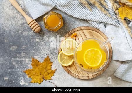 Thé chaud d'argousier vitaminé à base de plantes dans une tasse en verre avec des baies d'argousier fraîches, du miel et du citron sur une table en pierre. Détendez-vous Banque D'Images