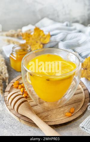 Thé chaud d'argousier vitaminé à base de plantes dans une tasse en verre avec des baies d'argousier fraîches, du miel et du citron sur une table en pierre. Détendez-vous Banque D'Images
