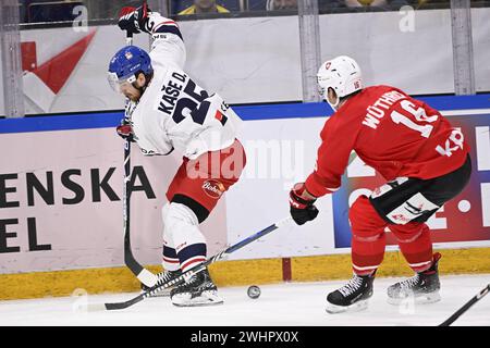 David Kase, de la République tchèque, et Dario Wüthrich, de la Suisse, lors du match de hockey sur glace de Beijer Games (Euro Hockey Tour) de dimanche entre Suisses Banque D'Images