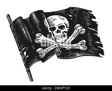 Drapeau pirate avec crâne et os croisés. Bannière Jolly Roger. Illustration vectorielle vintage dessinée à la main Illustration de Vecteur