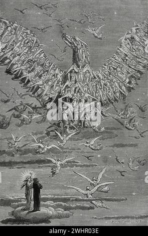 La Divine Comédie (1307-1321). Poème narratif italien du poète italien Dante Alighieri (1265-1321). Le Paradis. 'Les autres âmes bénies forment un aigle dans le ciel...' Illustration de Yann Dargent (1824-1899). Gravure de Navellier & L. Marie. Publié à Paris, 1888. Banque D'Images