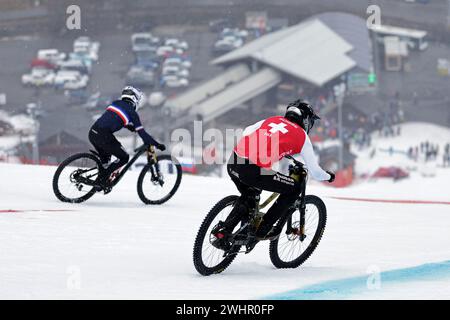 Chatel, France. 11 février 2024. Photo Alex Whitehead/SWpix.com - 11/02/2024 - cyclisme - Championnats du monde de motoneige UCI 2024 - Chatel, haute-Savoie, France - Men Elite Dual Slalom - crédit : SWpix/Alamy Live News Banque D'Images