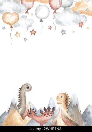 Nuages de thème de dinosaure d'anniversaire, drapeaux de banderole, ballons d'air et montagnes. fond de modèle de carte d'invitation aquarelle pour les enfants. Carte tirée à la main. Banque D'Images