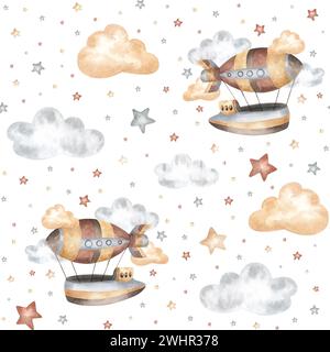 Navire aérien rétro, nuages, étoiles style vintage motif sans couture aquarelle isolé sur blanc. Boho beige, illustration grise dessinée à la main. Pour textile enfant Banque D'Images