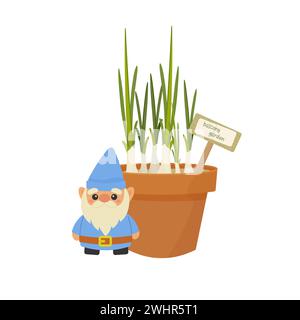 Gnome de jardin, concept de plantation de printemps de plante dans le style de bande dessinée pour carte, impression, autocollant, vecteur de carte postale. Illustration de Vecteur