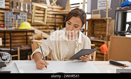 Séduisante jeune femme hispanique charpentier immergée dans son métier de menuisier, dessinant sur un pavé tactile à l'atelier de menuiserie Banque D'Images