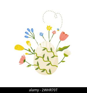 Oeuf de Pâques avec des fleurs, concept pour l'impression, conception de carte postale. Illustration vectorielle sur le vecteur de fond blanc. Illustration de Vecteur