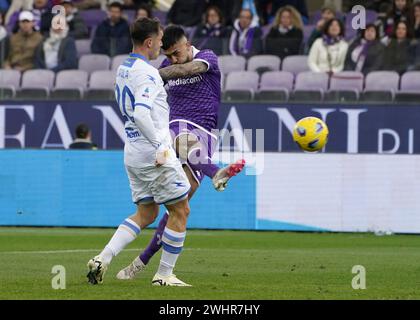 Firenze, Italie. 11 février 2024. Foto Marco Bucco/LaPresse 11 Febbraio 2024 - Firenze, Italia Sport, Calcio Fiorentina vs Frosinone - Campionato Italiano di calcio Serie A TIM 2023/2024 - Stadio Artemio franchi. Nella foto : il gol del 4-0 di Nicolas Gonzalez photo Marco Bucco/LaPresse 11 février 2023 - Florence, Italie Sport, Football Fiorentina vs Frosinone - Championnat Italien de Serie A Football 2023/2024 - stade Artemio franchi. Sur la photo : L'objectif de 4-0 de Nicolas Gonzalez crédit : LaPresse/Alamy Live News Banque D'Images