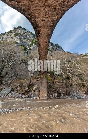 En dessous de l'arc du pont de pierre sur la rivière Portaikos, un vieux beau pont construit sur la voie traditionnelle de la fin des années 1800 et du début des années 1900 Banque D'Images