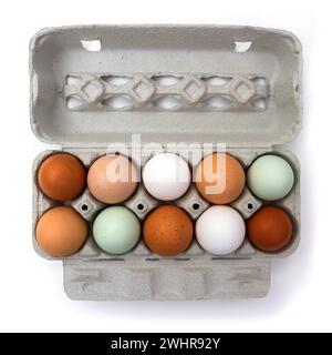 Dix oeufs de poule colorés dans la boîte de carton Banque D'Images