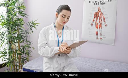 Une jeune femme hispanique en manteau blanc examine une planche à pince dans une clinique avec une affiche anatomique visible. Banque D'Images