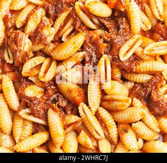 Gros plan de délicieuses pâtes gnocchi italiennes mélangées à une sauce ragu de bœuf salée. Banque D'Images