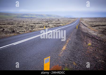 Autoroute à travers l'Islande paysage à jour brumeux Banque D'Images