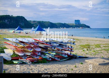 Gangneung City, Corée du Sud - 29 juillet 2019 : planches de surf empilées sur des étagères sur le sable à Geumjin Beach, avec East Sea Waters et Tops 10 Hotel & Banque D'Images