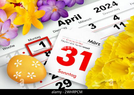 Deutscher Kalender 2024 Ostern 31. März und 1. Avril Feiertage Ostersonntag und Ostermontag Banque D'Images