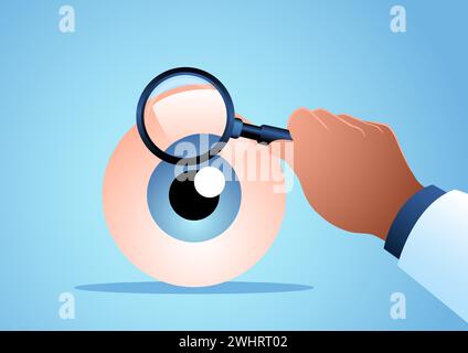 Illustrations vectorielles de la main d'un médecin analysant un œil humain avec des loupes. Ophtalmologiste, concept ophtalmologique Illustration de Vecteur