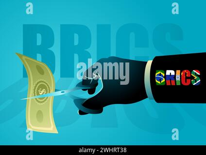 Illustration vectorielle d’une main avec des ciseaux et le symbole des drapeaux BRICS coupant un billet de banque en dollar, un risque pour l’économie américaine depuis le refus des brics Illustration de Vecteur