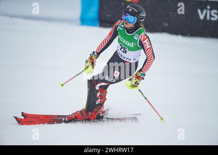 Soldeu, Andorre. 11 février 2024. Amelia Smart de Canara en action lors de la Coupe du monde de ski AUDI FIS 2023/2024, 9e slalom géant féminin à Avet. Crédit : SOPA images Limited/Alamy Live News Banque D'Images