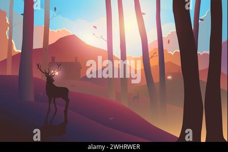Beau paysage de bois sur les collines pendant le coucher ou le lever du soleil, illustration vectorielle Illustration de Vecteur