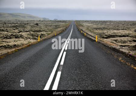 Autoroute à travers l'Islande paysage à jour brumeux Banque D'Images