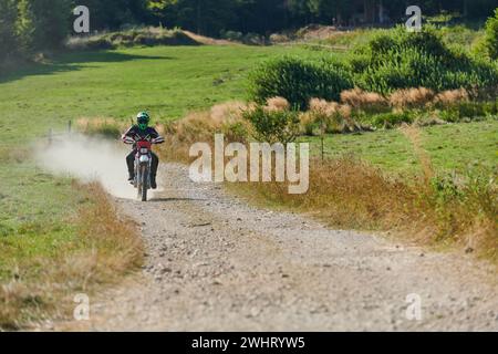 Un pilote de motocross professionnel qui roule de manière exaltante sur une piste forestière hors route dangereuse sur sa moto. Banque D'Images