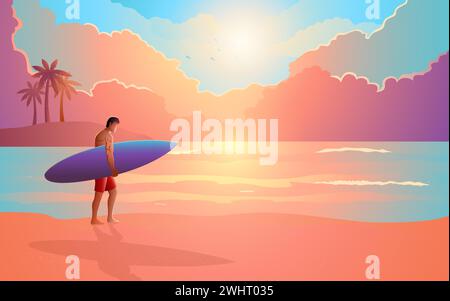 Panorama de plage d'un surfeur marchant sur la plage, vacances d'été, sports nautiques, illustration vectorielle Illustration de Vecteur