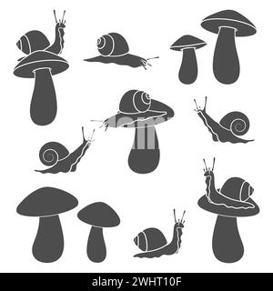 Ensemble d'illustrations en noir et blanc avec des escargots et des champignons. Objets vectoriels isolés sur fond blanc. Illustration de Vecteur