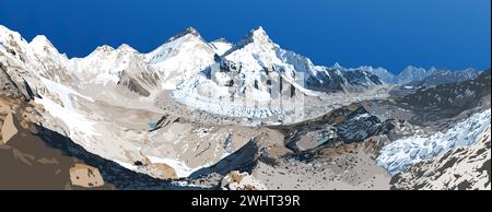 Mont Everest Lhotse et Nuptse du côté du Népal vu du camp de base de Pumori, illustration vectorielle, Mont Everest 8 848 m, vallée de Khumbu, Sagarmatha nati Illustration de Vecteur