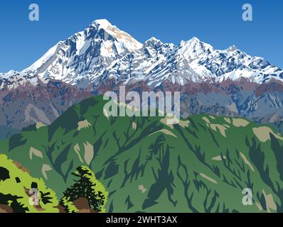 Pic du mont Dhaulagiri vu du passage de Jaljala illustration vectorielle, montagnes de l'Himalaya du Népal Illustration de Vecteur