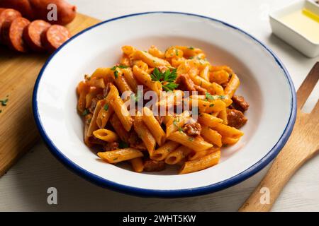 Plat de macaronis avec sauce tomate et chorizo espagnol. Banque D'Images