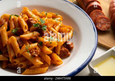 Plat de macaronis avec sauce tomate et chorizo espagnol. Banque D'Images