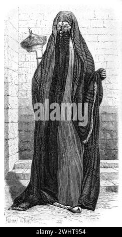 Portrait intégral d'une femme égyptienne Fellah portant des vêtements traditionnels, un visage voile ou Niqaab, et ethnique porter Egypte Afrique. Gravure vintage ou historique ou illustration 1863 Banque D'Images