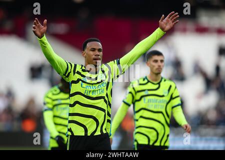 LONDRES, Royaume-Uni - 11 janvier 2024 : Gabriel Magalhaes d'Arsenal célèbre le match de premier League entre West Ham United et Arsenal FC au London Stadium (crédit : Craig Mercer/ Alamy Live News) Banque D'Images