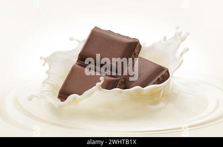 Chutes de barres de chocolat dans l'éclaboussure de lait sur fond blanc Banque D'Images