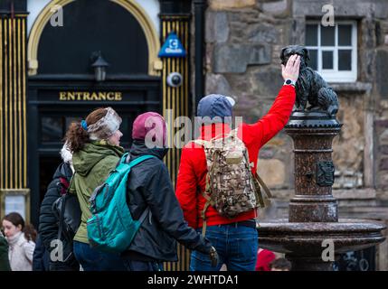 Touriste touchant le nez de la statue de chien Bobby de Greyfriar pour bonne chance, Édimbourg, Écosse, Royaume-Uni Banque D'Images