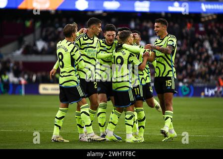 Leandro Trossard d'Arsenal célèbre son but lors du match de premier League entre West Ham United et Arsenal au London Stadium de Stratford le dimanche 11 février 2024. (Photo : Tom West | mi News) crédit : MI News & Sport /Alamy Live News Banque D'Images