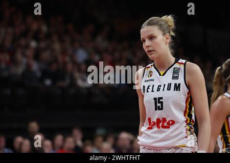 Anvers, Belgique. 11 février 2024. La belge Nastja Claessens photographiée lors d'un match de basket-ball entre l'équipe nationale belge féminine 'The Belgian Cats' et le Nigeria, dimanche 11 février 2024 à Anvers, lors du tournoi de qualification de basket-ball féminin FIBA pour les Jeux olympiques d'été de 2024 à Paris, France. BELGA PHOTO VIRGINIE LEFOUR crédit : Belga News Agency/Alamy Live News Banque D'Images