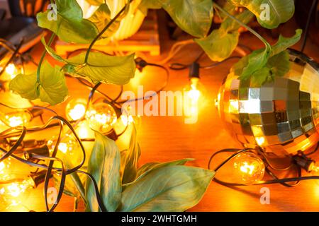 Fond en bois avec des lampes de guirlande et des feuilles vertes d'une plante en pot à la maison et une boule brillante. Cadre avec une plante de Noël Banque D'Images