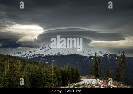WA25048-00...WASHINGTON - casquettes nuageuses sur le mont Rainier vues depuis les pistes de ski du mont Tahoma. Banque D'Images